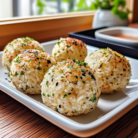 Assiette garnie de boules de riz saupoudrées de vert.