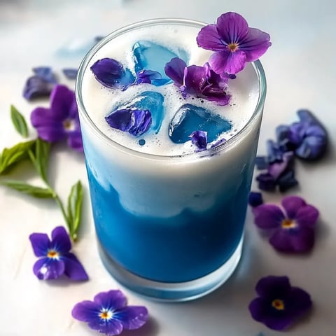 Un verre de boisson bleue avec des fleurs violettes.