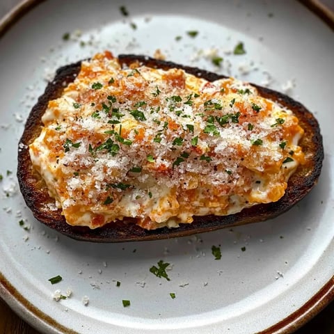 Tranche de pain garnie de fromage, tomate et herbes.