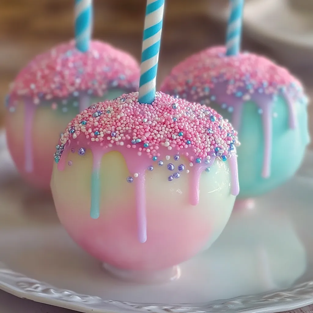 Trois pommes bonbons colorées avec glaçage bleu, rose et vert et une bougie bleue au milieu.