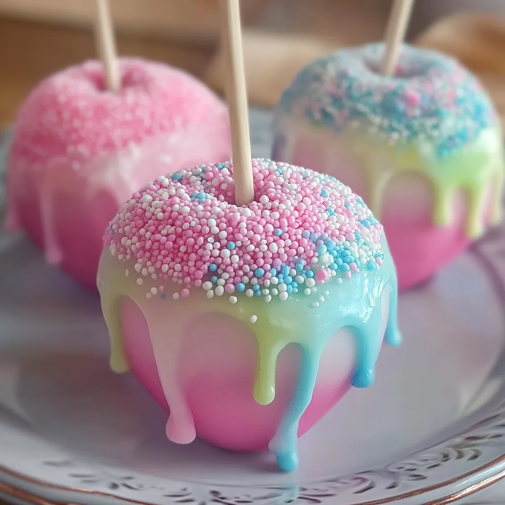 Une assiette contenant trois pommes bonbons colorées.