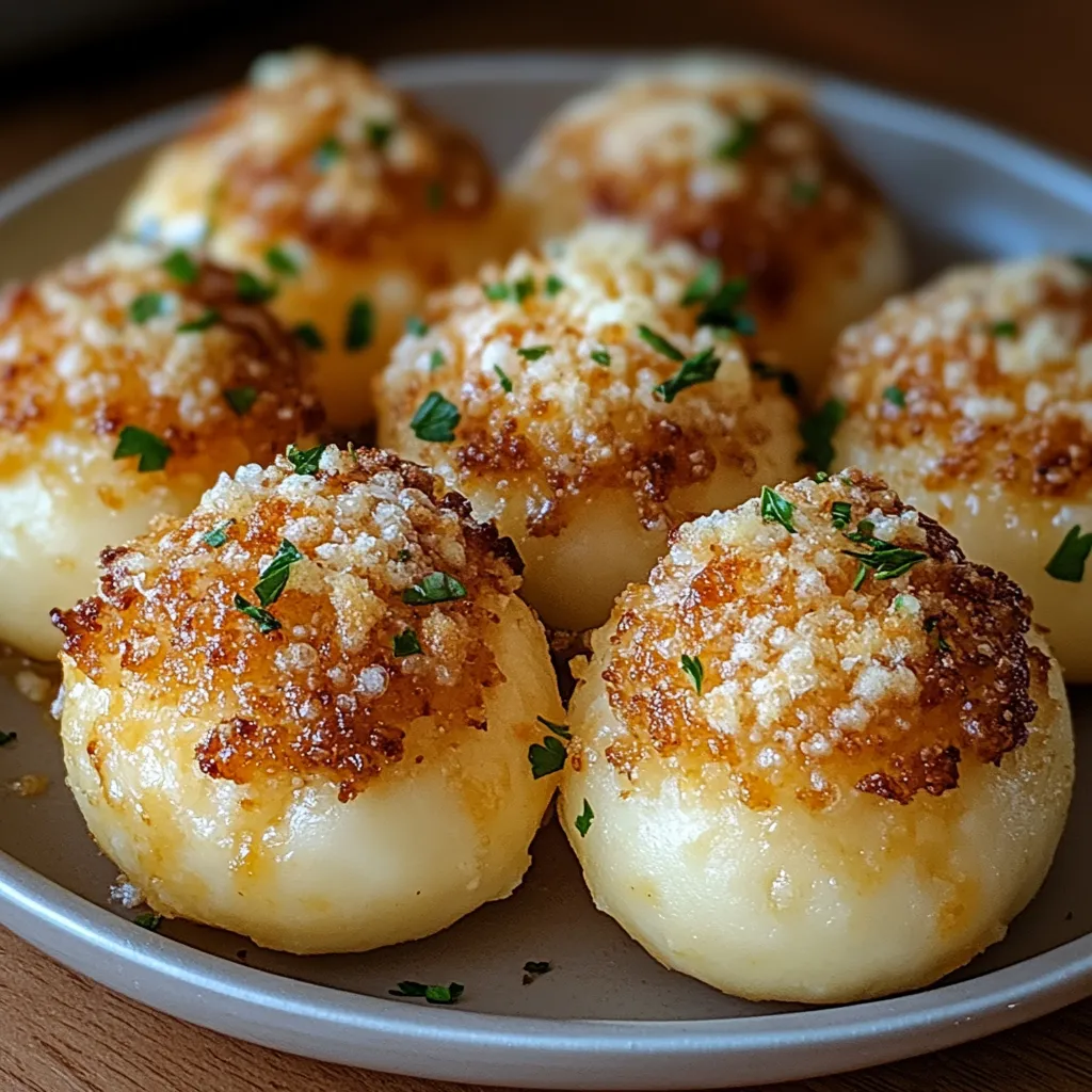 Une assiette de boules croustillantes avec du fromage et des herbes sur le dessus.