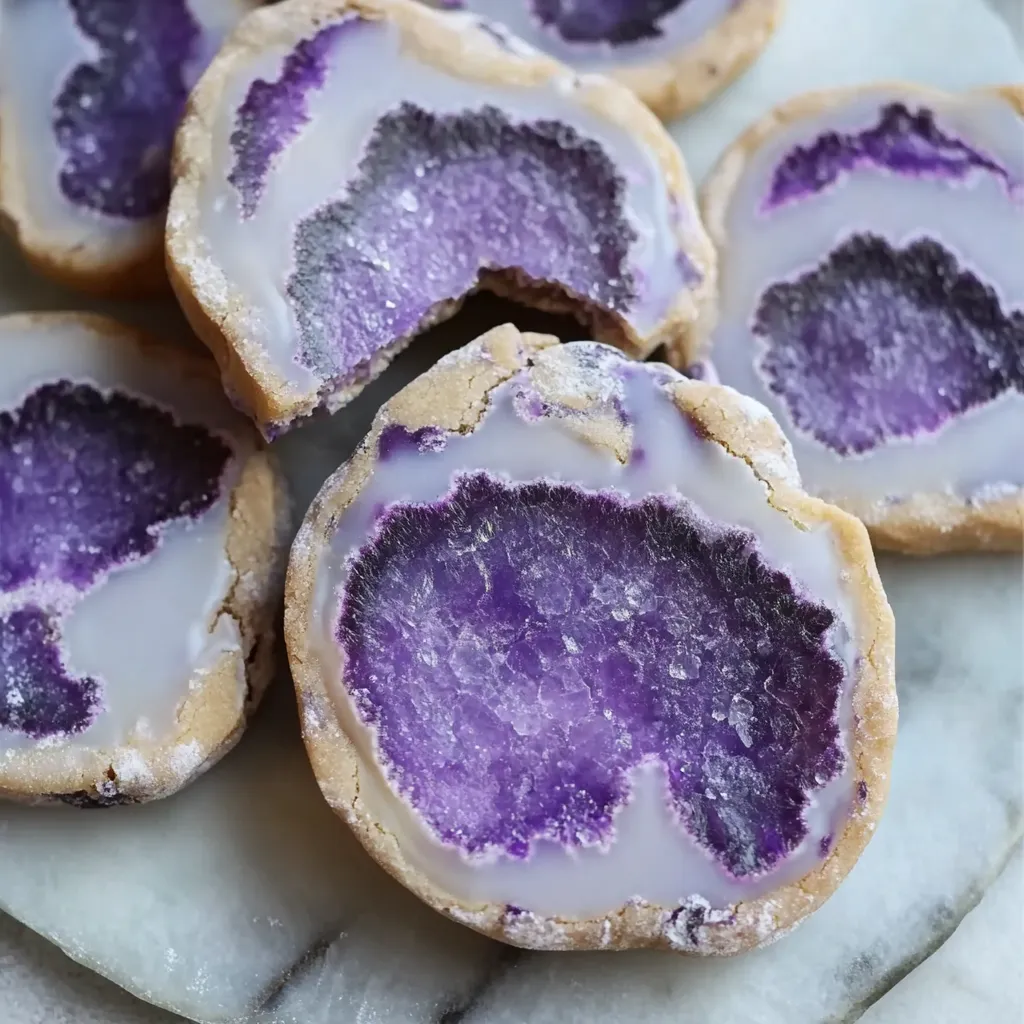 Des cookies violets avec glaçage brillant.