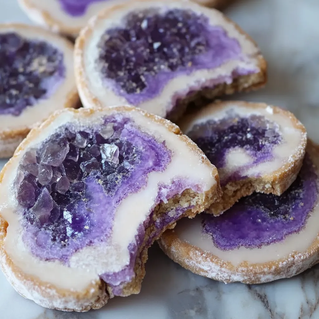 Un biscuit violet avec une tranche coupée.