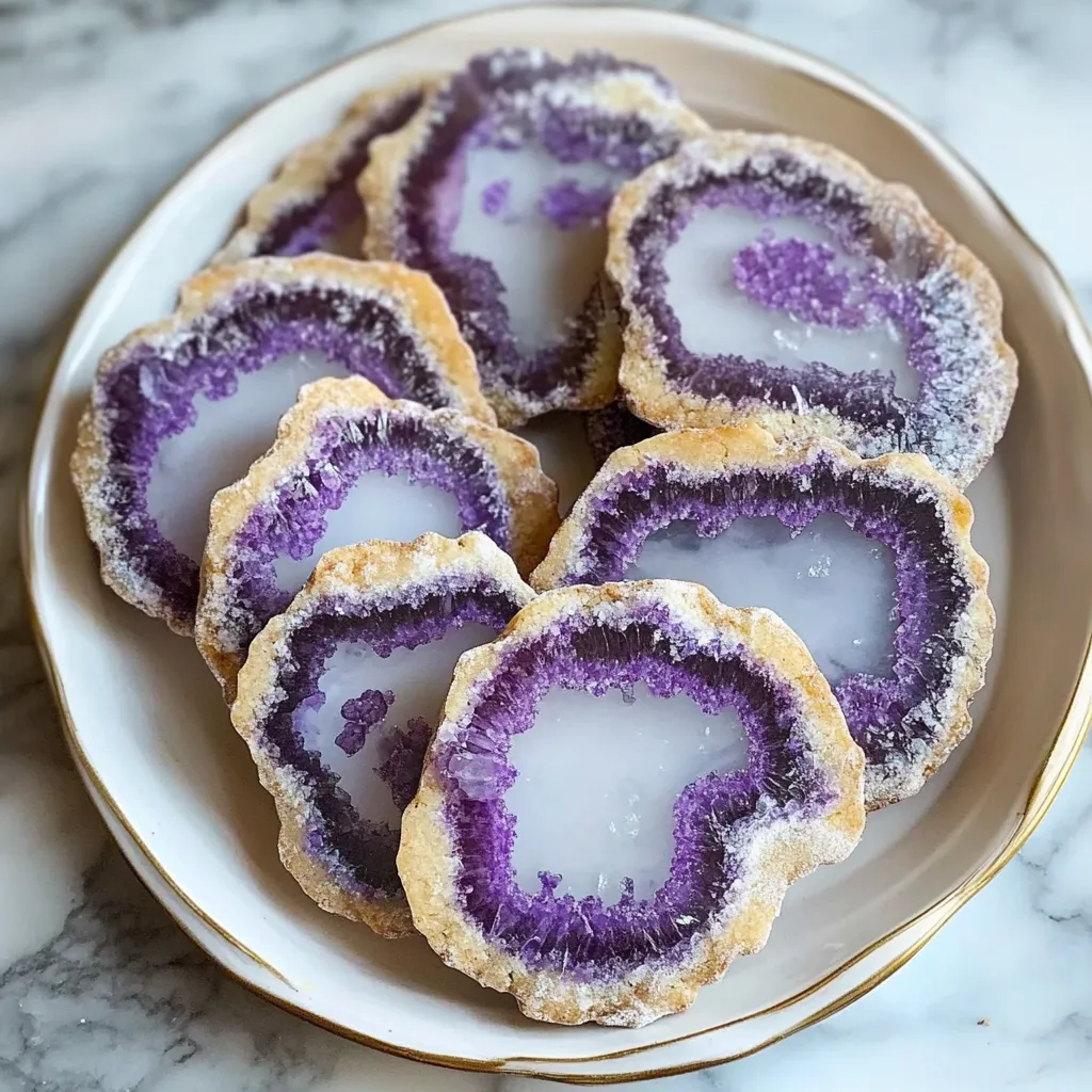 Une assiette avec divers biscuits, dont un avec un glaçage violet.