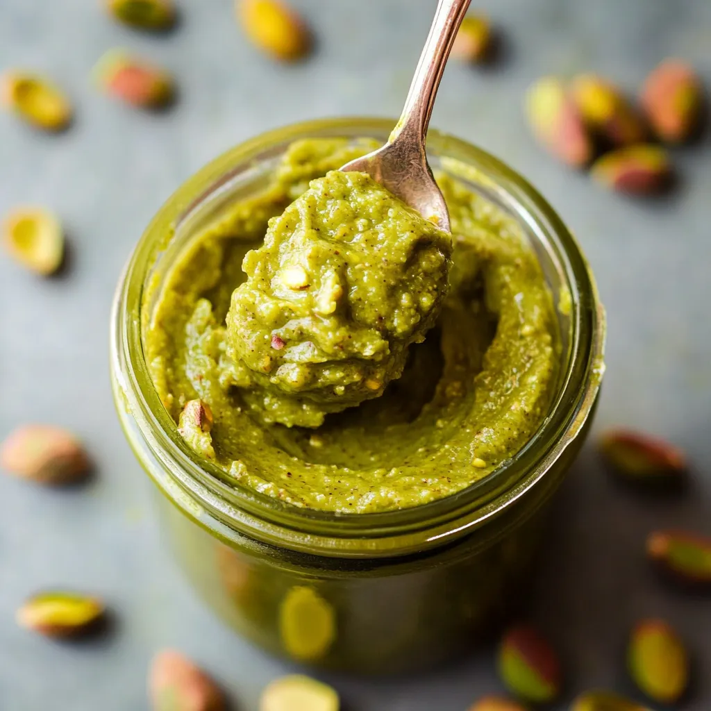 Une cuillère de pâte verte de pistache dans un pot.