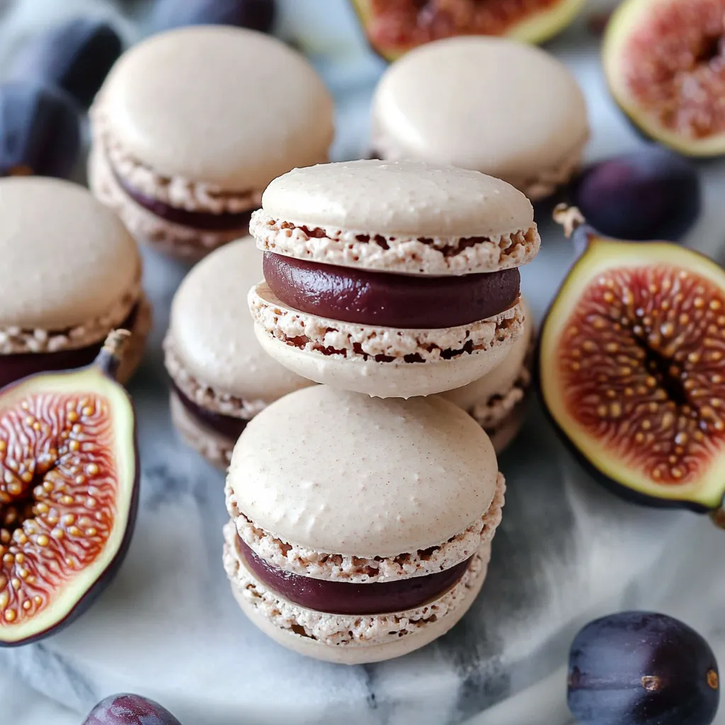 Une assiette de macarons avec une tranche de figue en garniture.
