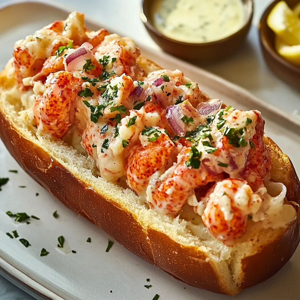 Un sandwich au homard avec un quartier de citron.