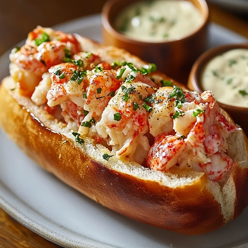 Un sandwich au homard avec une sauce à côté.