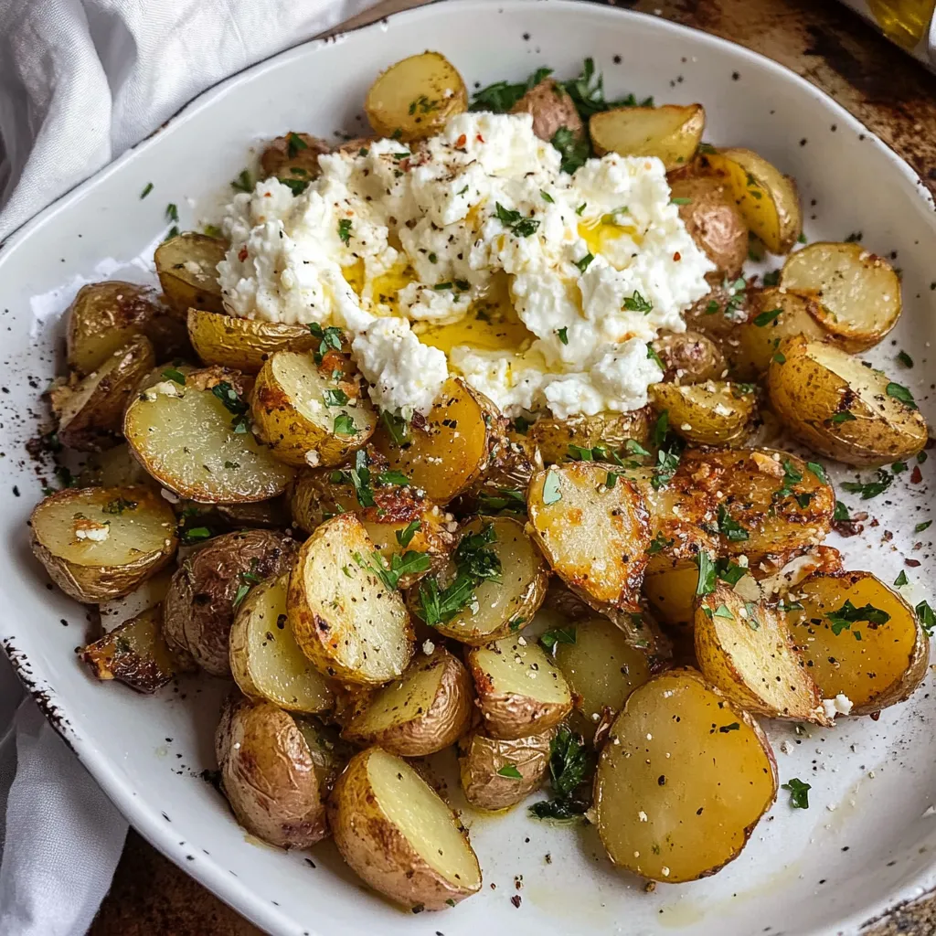 Une assiette garnie de pommes de terre, fromage et herbes.