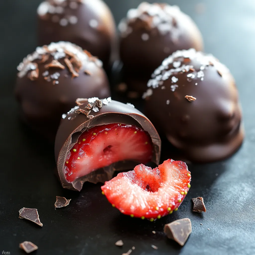 Strawberries wrapped in chocolate, showing a sliced middle.