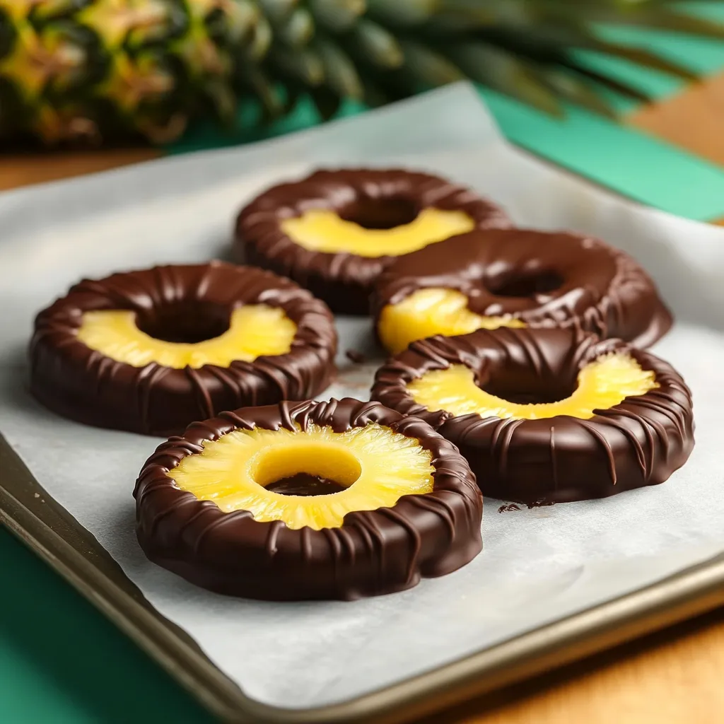 Plateau de tranches d'ananas enrobées de chocolat.