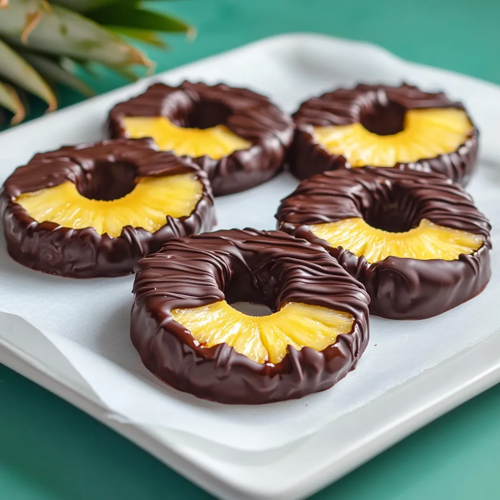 Une assiette de tranches d'ananas enrobées de chocolat.