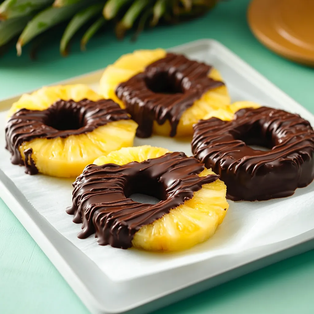 Ananas enrobés de chocolat en forme de donuts.