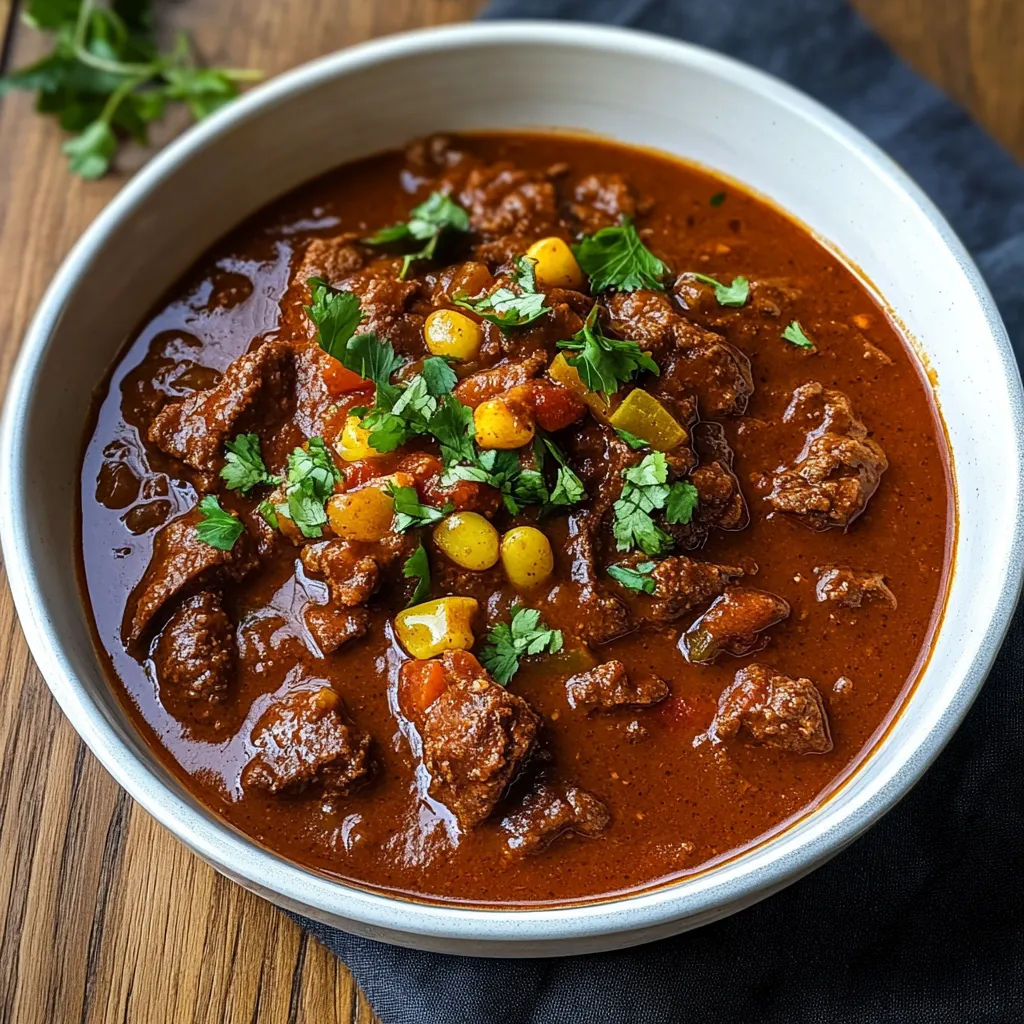 Un bol de chili avec viande et légumes.