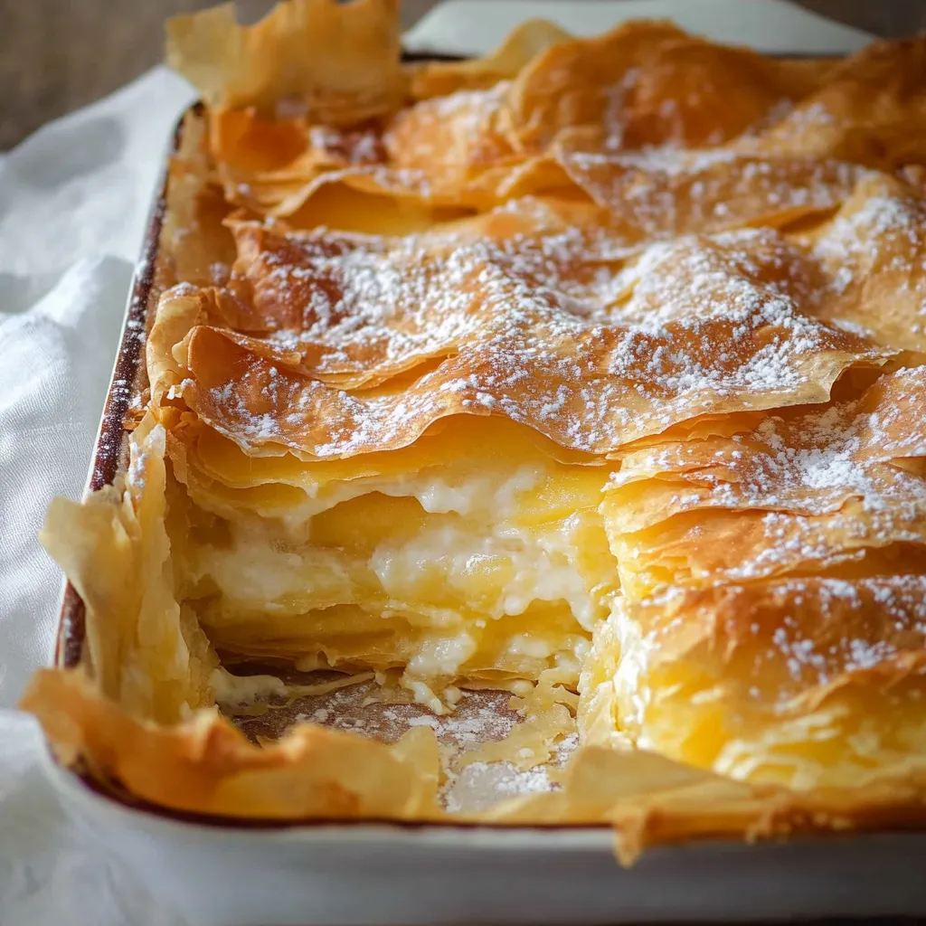 A pan of food with powdered sugar on top.