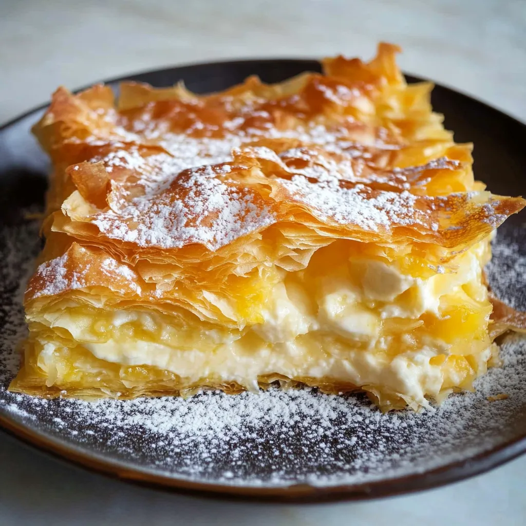 Une part de pâtisserie saupoudrée de sucre glace sur une assiette.
