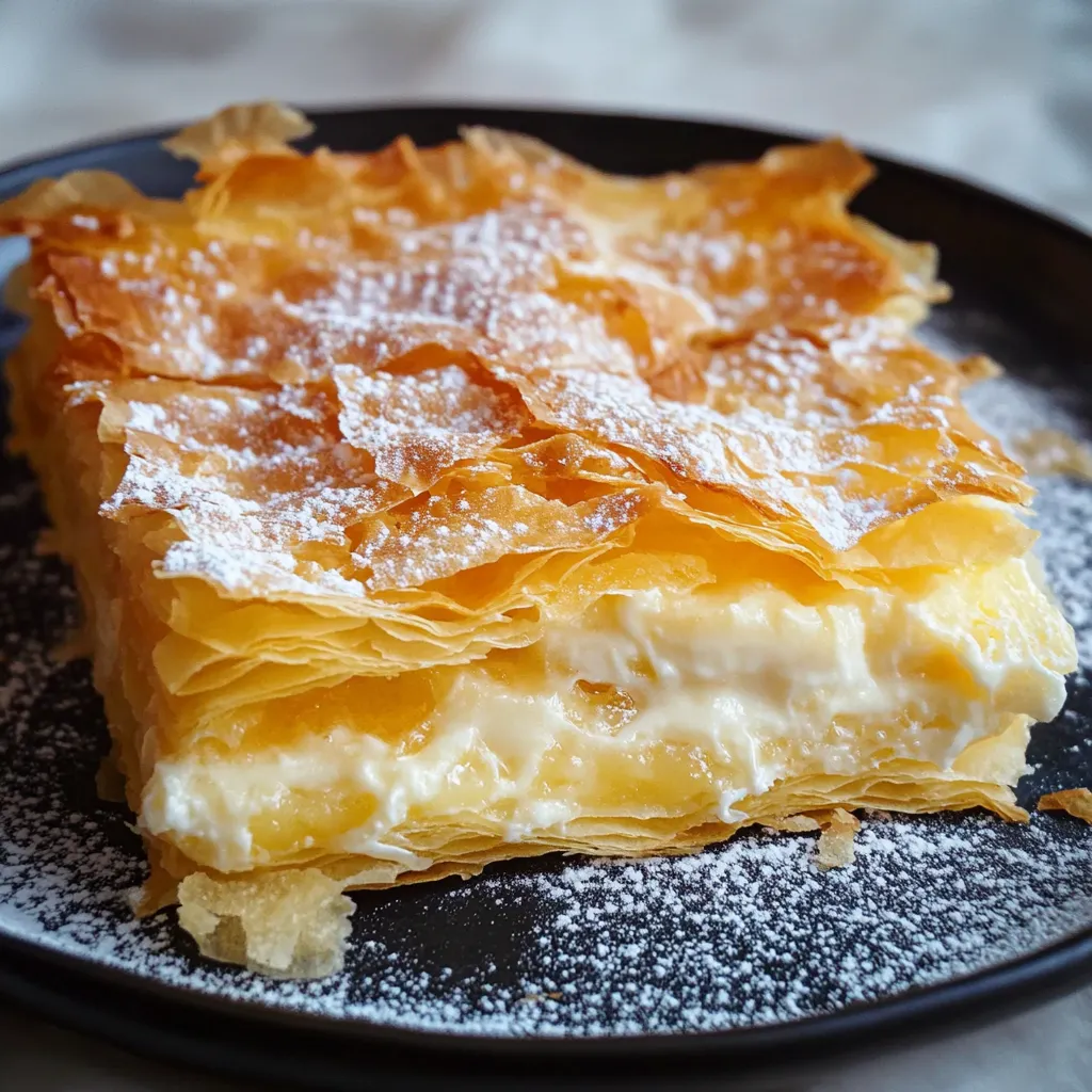 Une part de pâtisserie saupoudrée de sucre glace sur une assiette.
