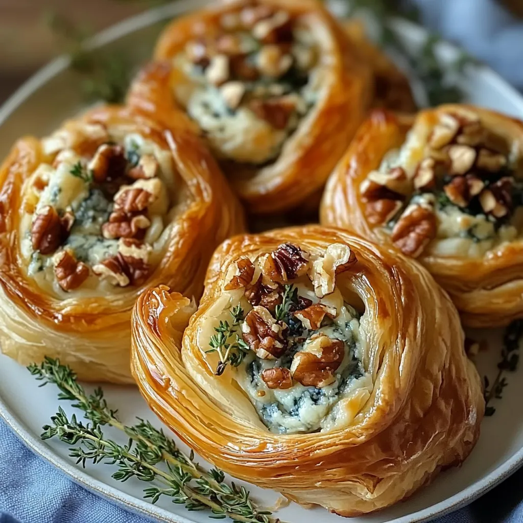 Une assiette de feuilletés avec des noix et du fromage bleu.