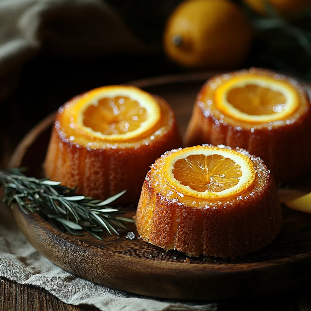 Trois gâteaux à l'orange avec des tranches d'orange sur le dessus.