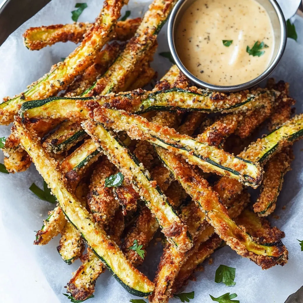 Une assiette de courgettes frites avec une sauce pour tremper.