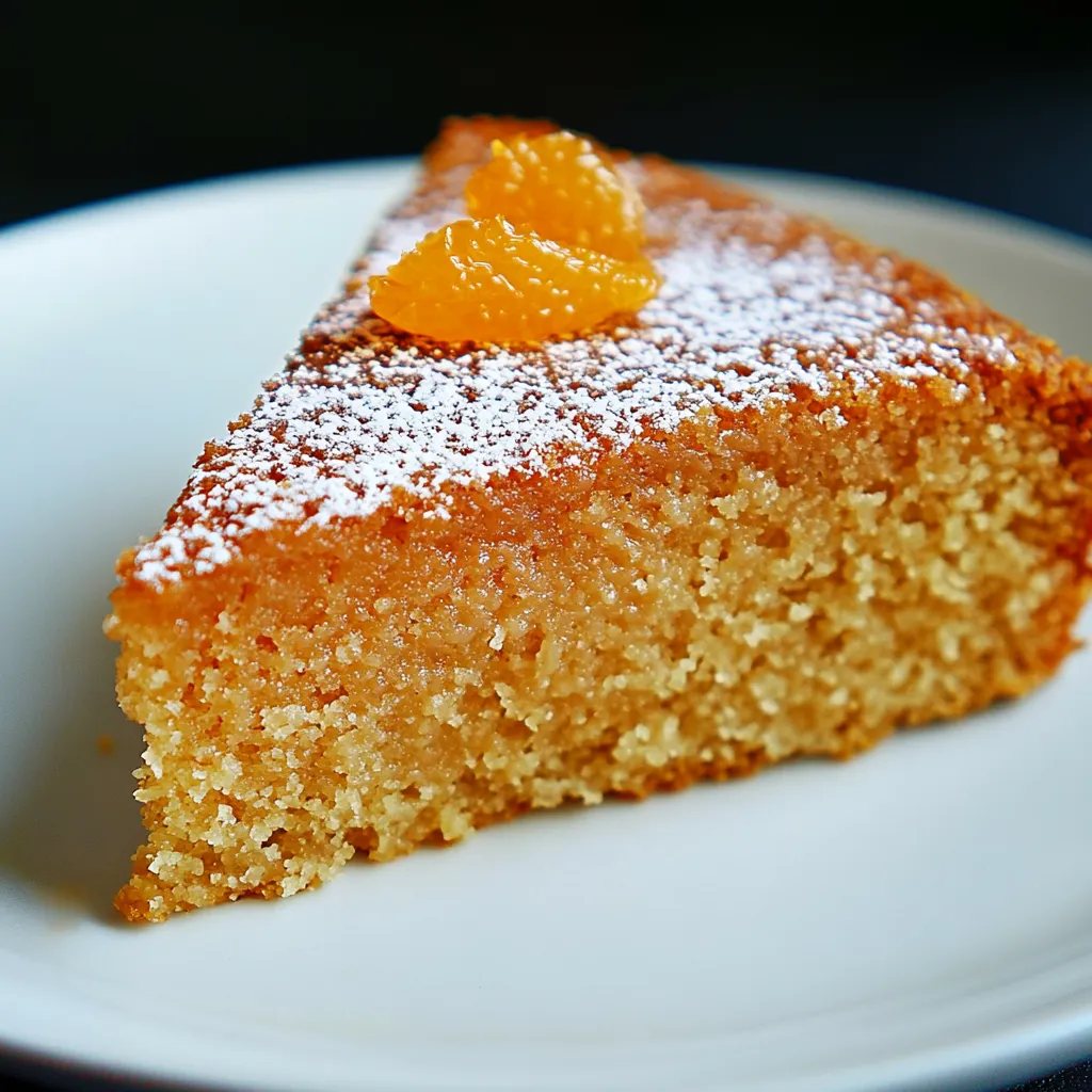 Une tranche de gâteau avec une orange par-dessus.