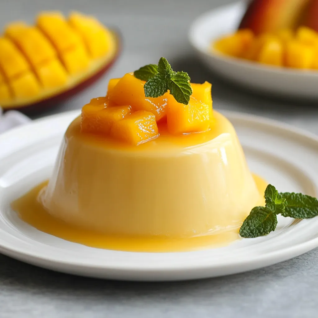Une assiette avec un dessert surmonté d'une mangue.