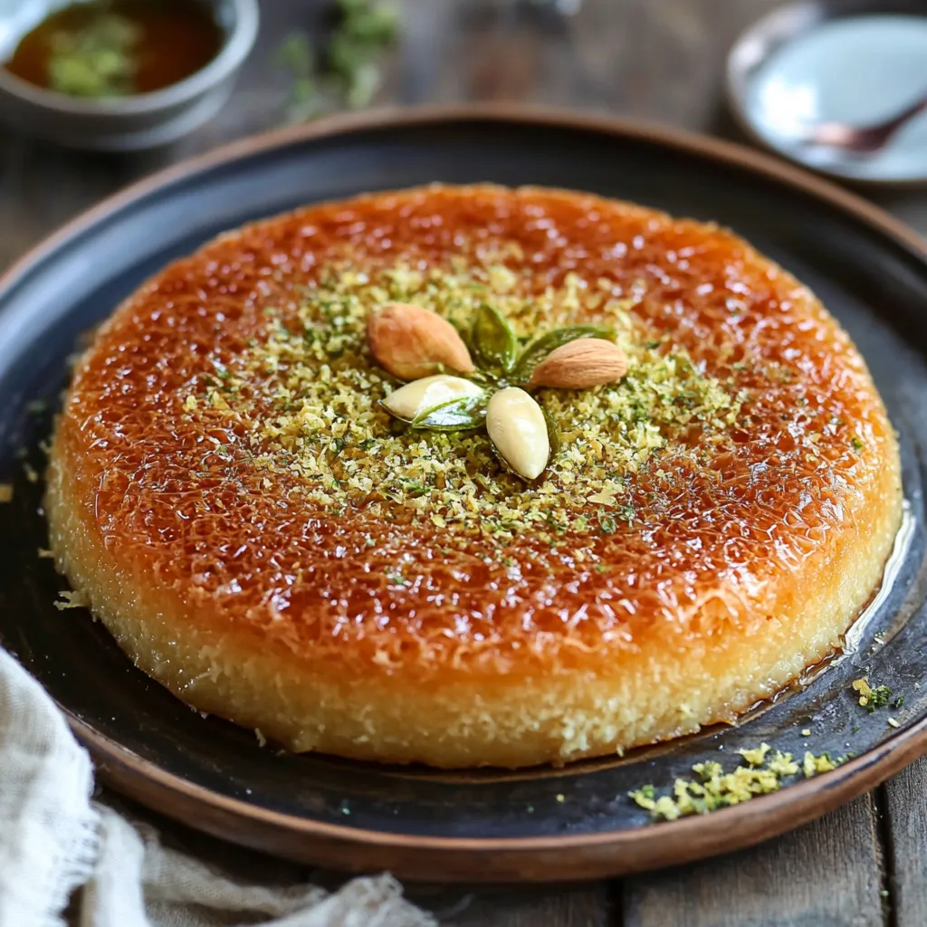 Une assiette de kunafa garnie de fruits secs.