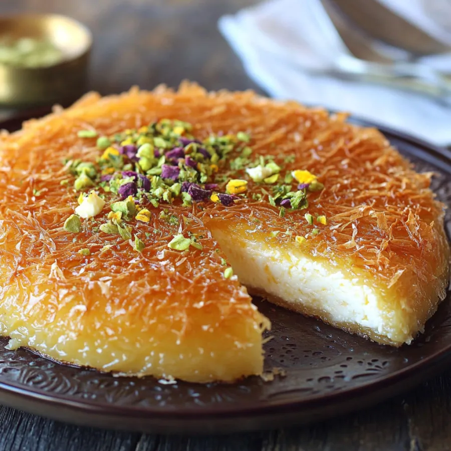 Une part de kunafa saupoudrée de pistaches concassées.