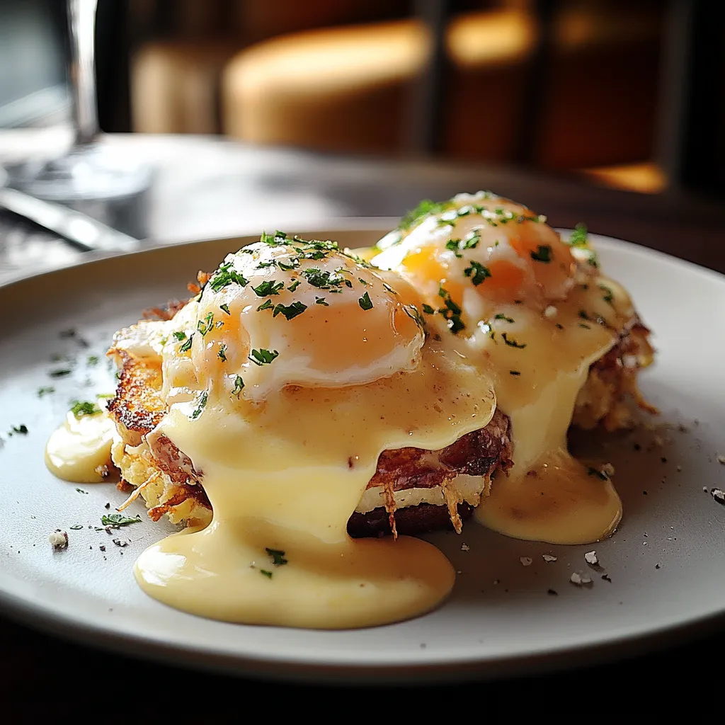 Two eggs on top of hash browns.