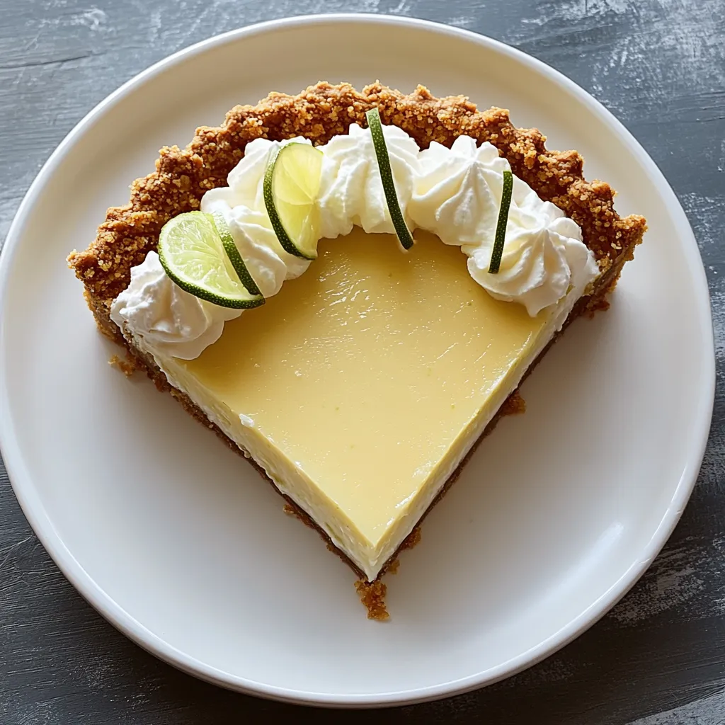 Une part de tarte avec de la crème fouettée et des quartiers de citron vert sur le dessus.