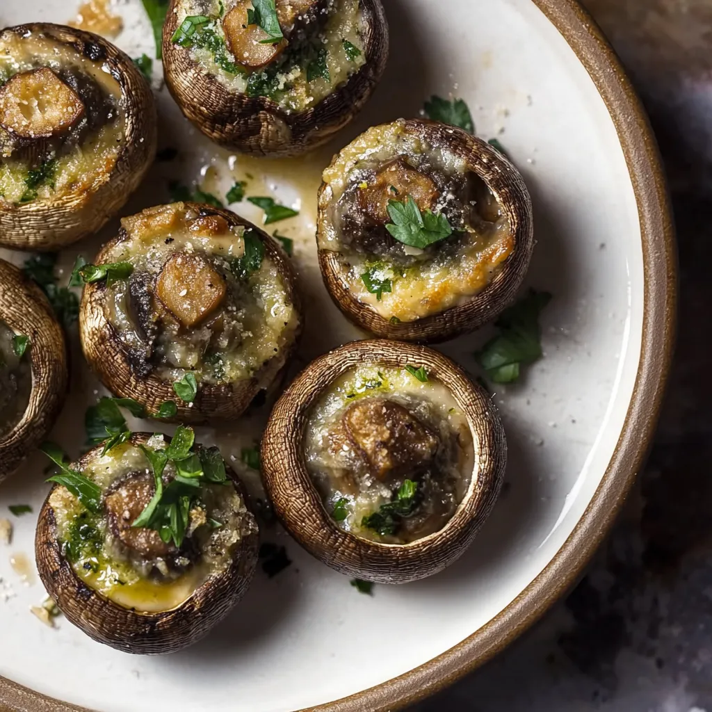 Une assiette de champignons avec fromage et herbes.