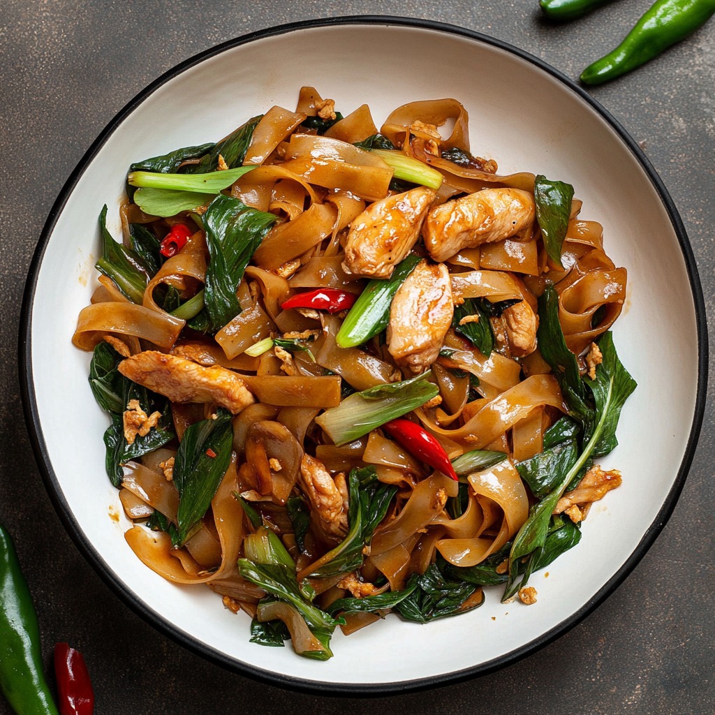 Un bol de nouilles avec poulet et légumes.