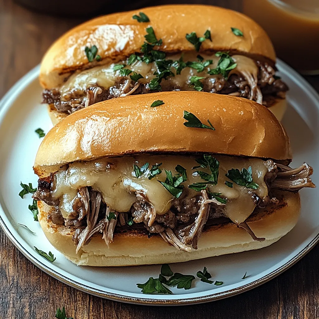 Deux sandwichs garnis de viande et fromage sur une assiette.