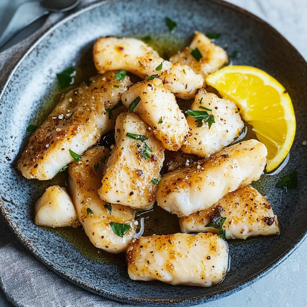 Une assiette de poisson avec des quartiers de citron par-dessus.