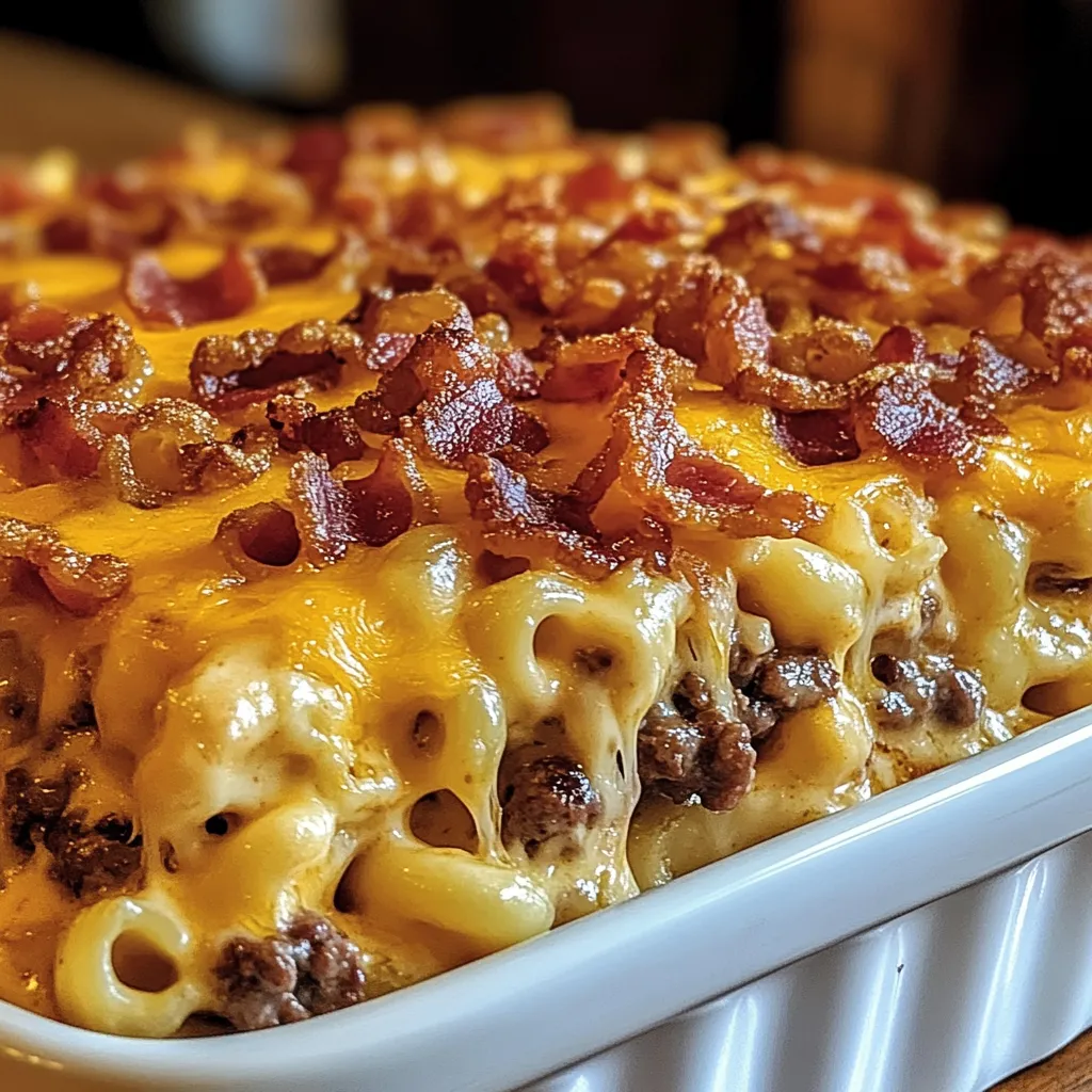 Une assiette de gratin garnie de bacon et fromage.