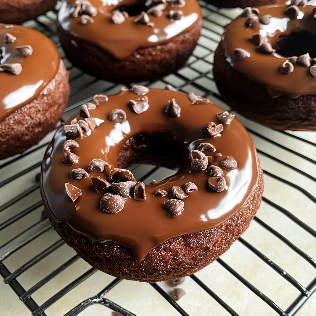 Chocolate donuts on a cooling rack.