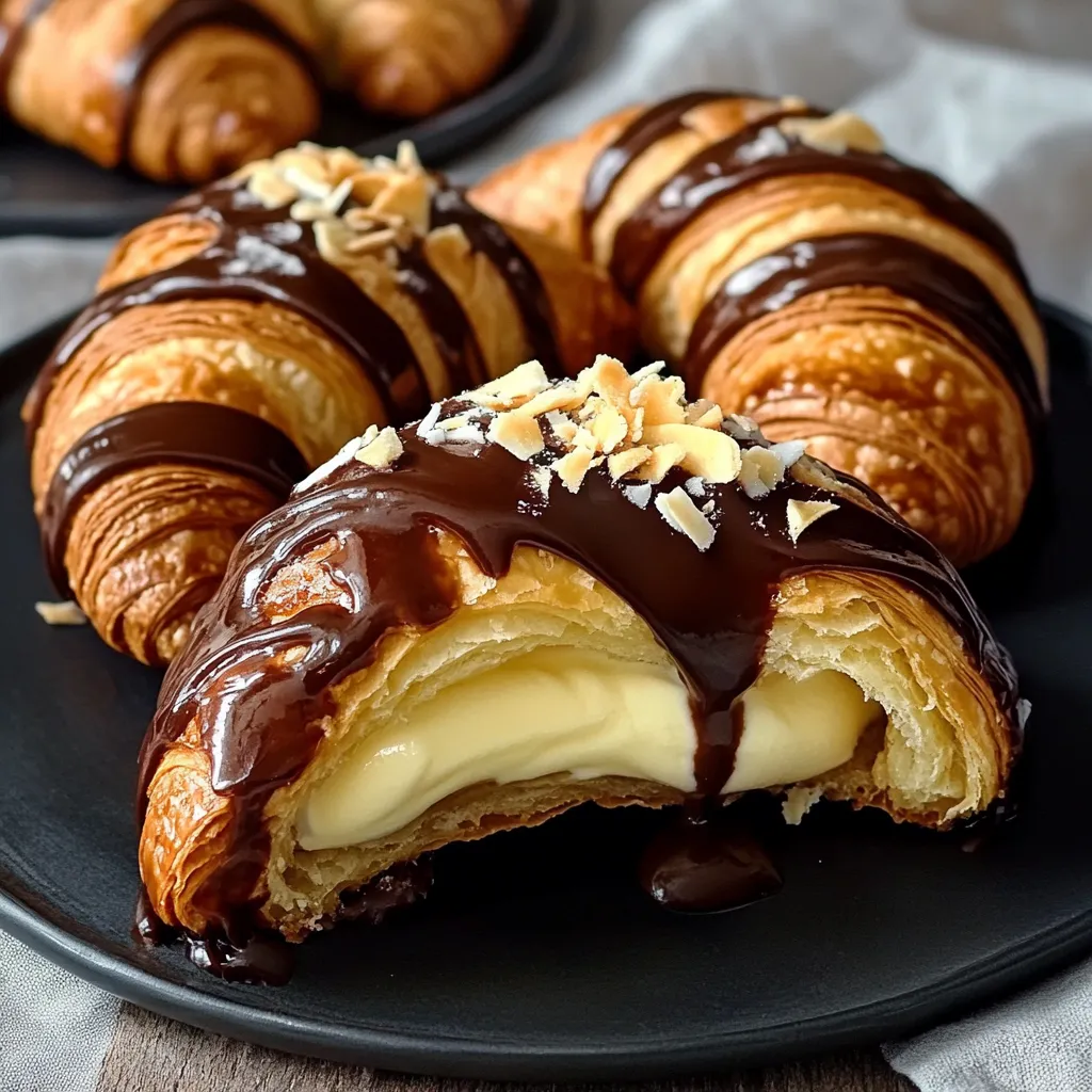 A plate of croissants with chocolate sauce.
