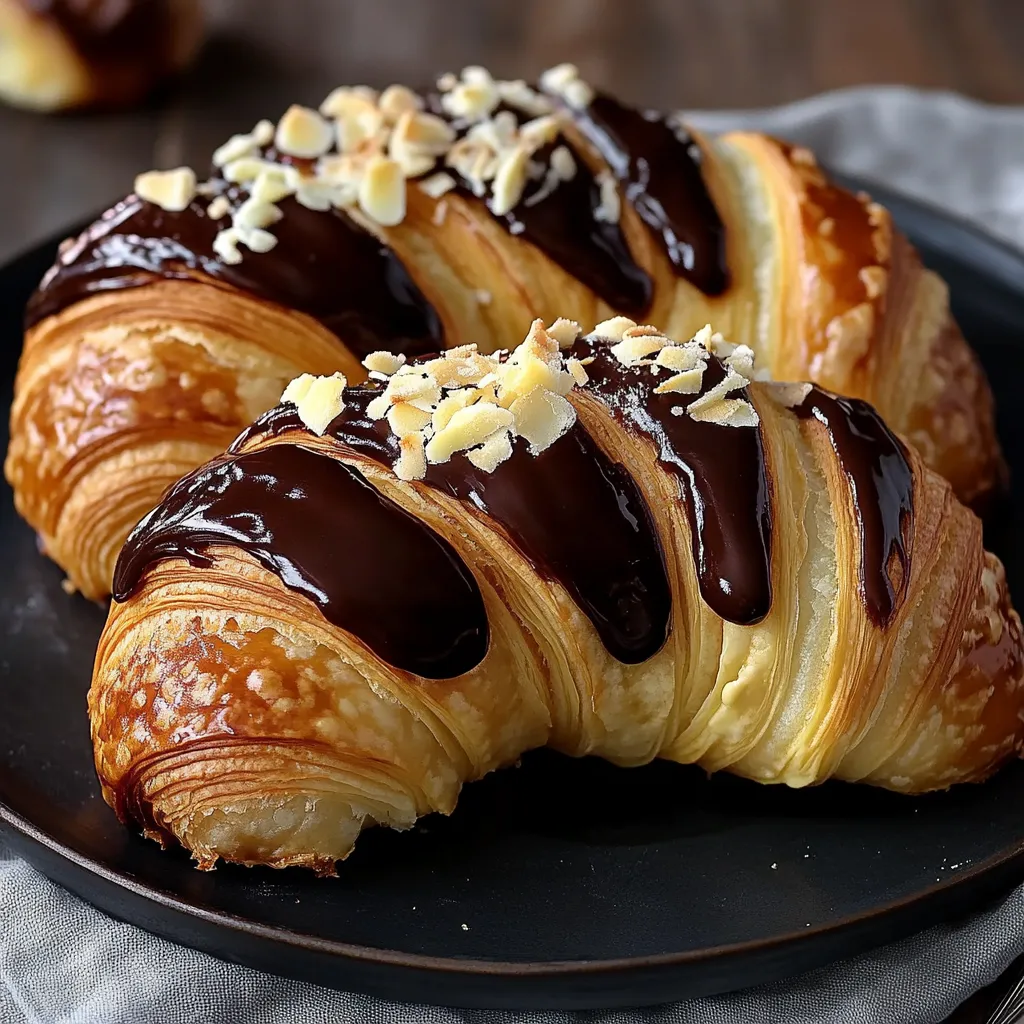 Une assiette de croissants nappés de chocolat.