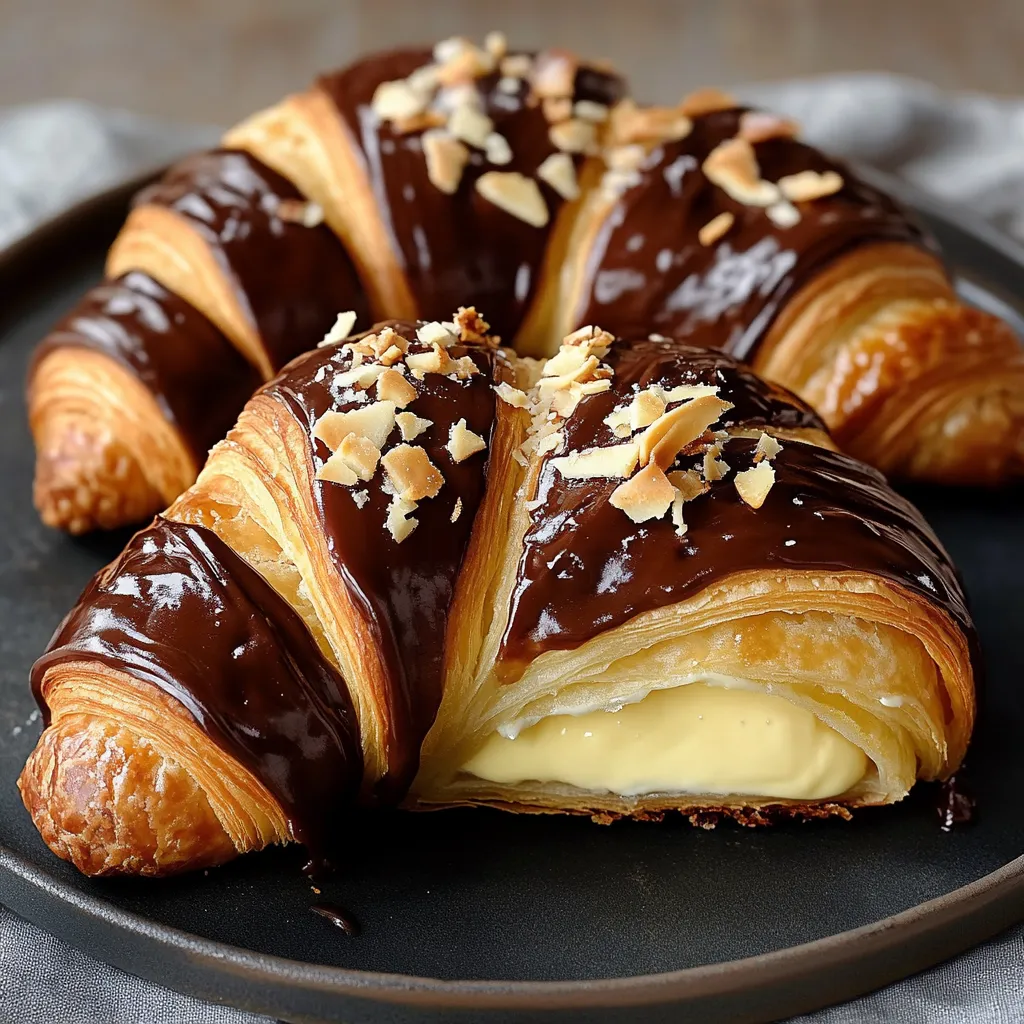 Une assiette de croissants avec du chocolat coulant dessus.