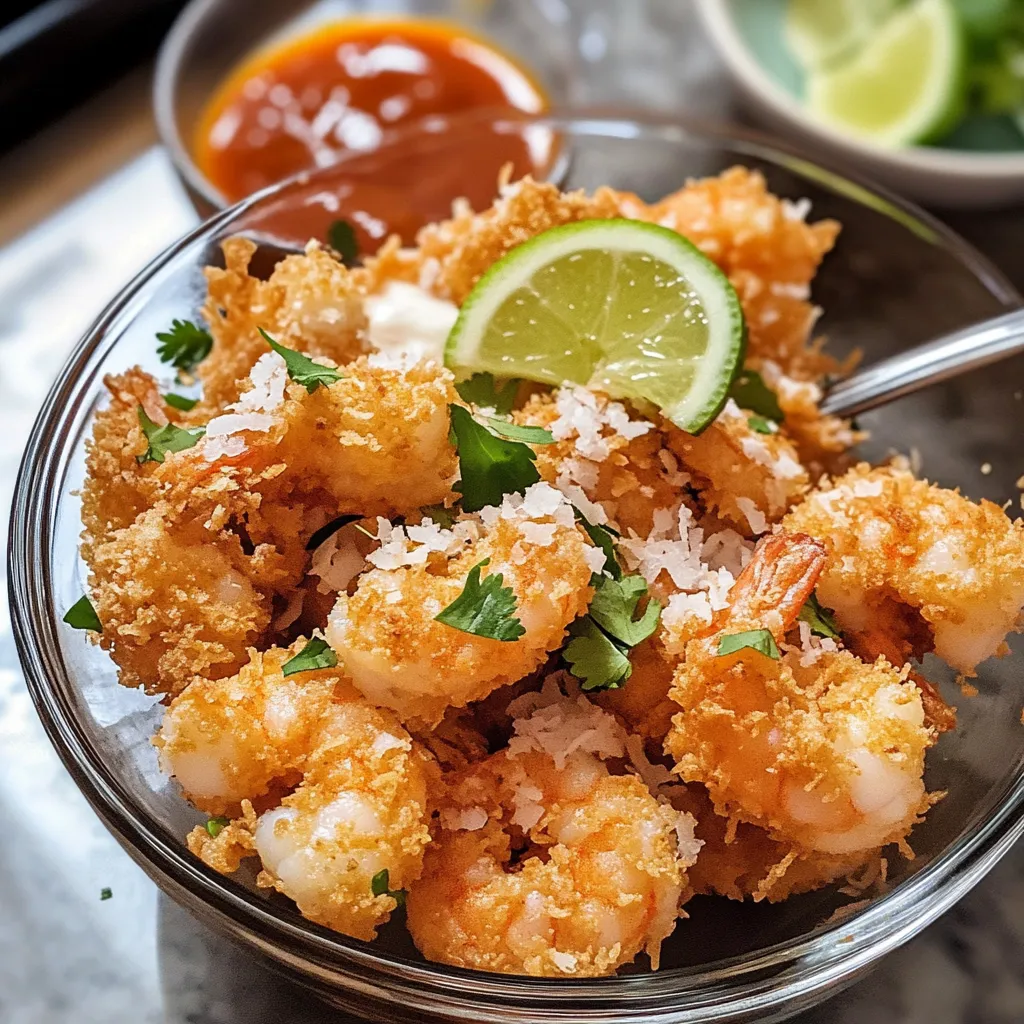 Un bol de crevettes avec un quartier de citron vert dessus.
