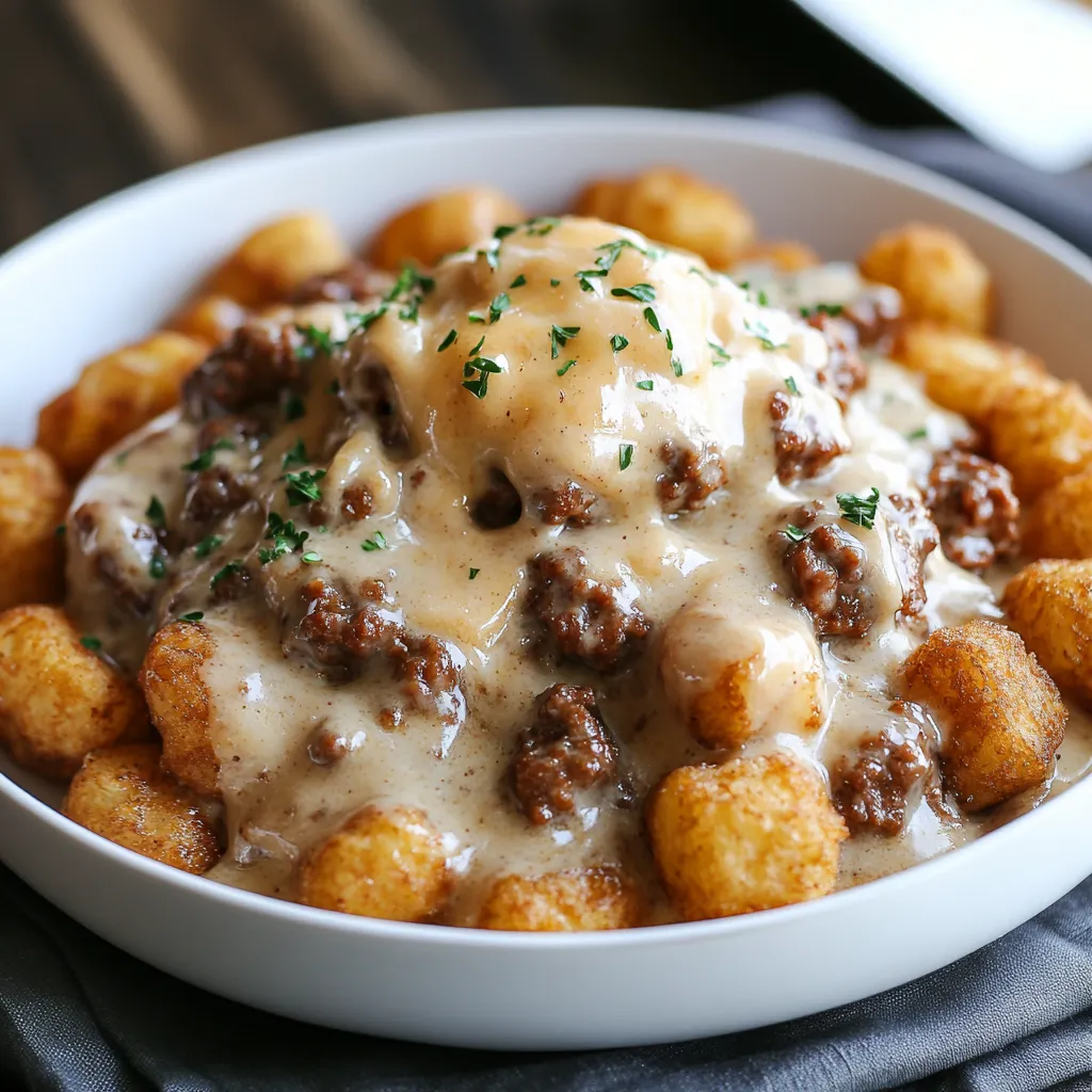 A bowl of food with tater tots and meat.