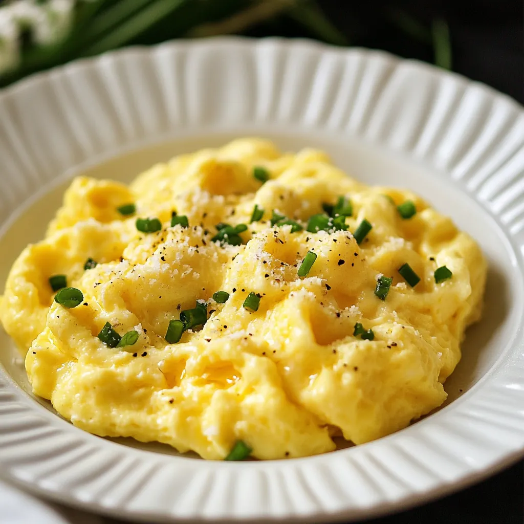 Une assiette d'œufs brouillés avec du persil.