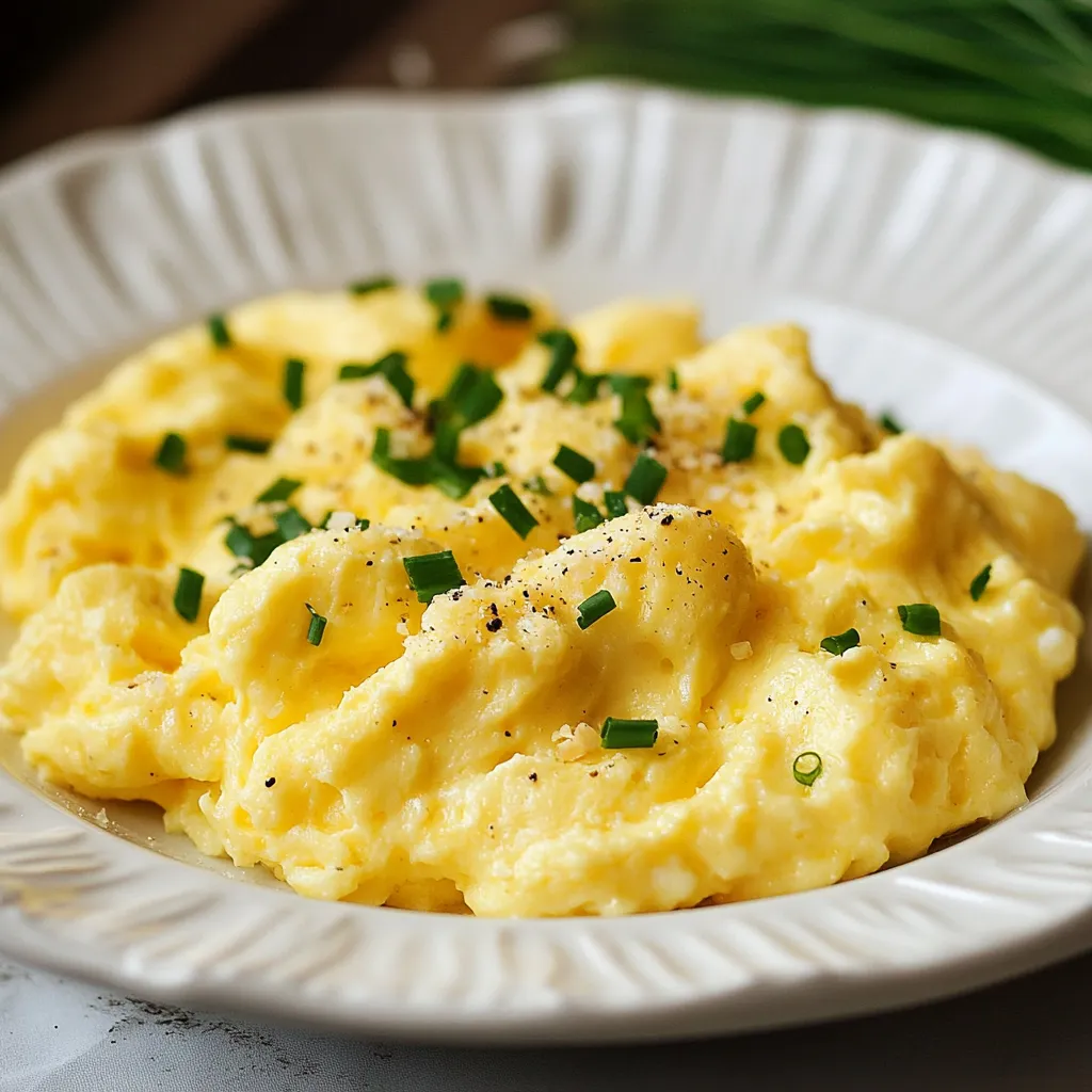 Une assiette d'œufs brouillés avec de la ciboulette.