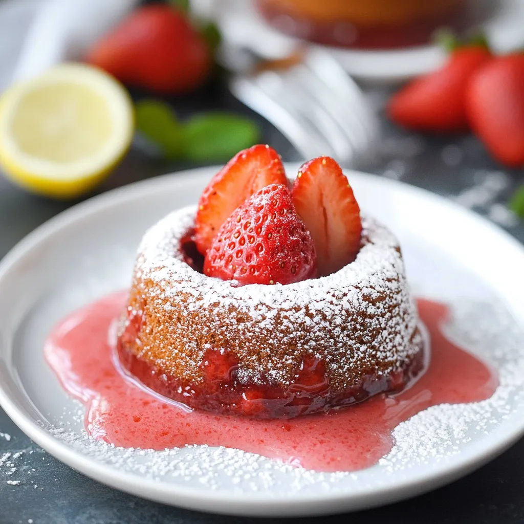 A slice of strawberry cake with white powdered sugar on top.