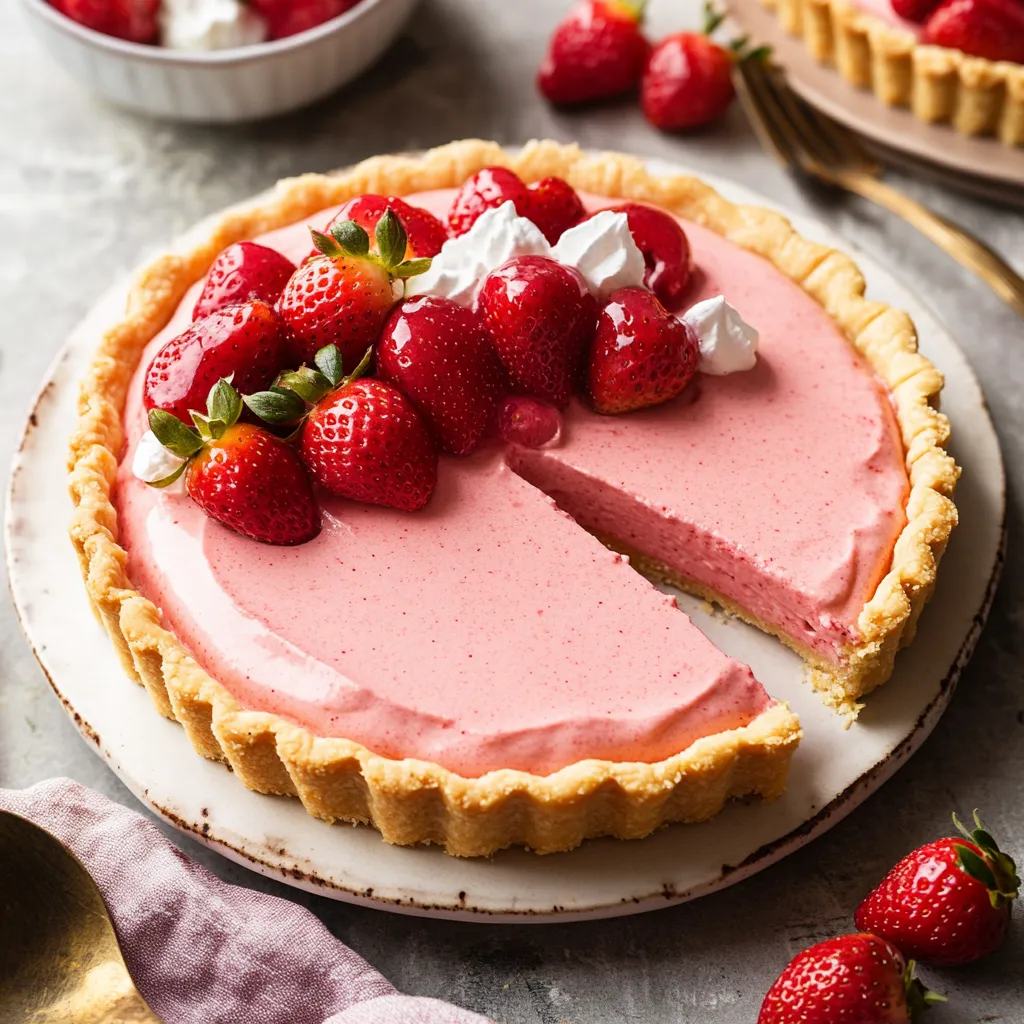 A slice of strawberry cheesecake on a plate.