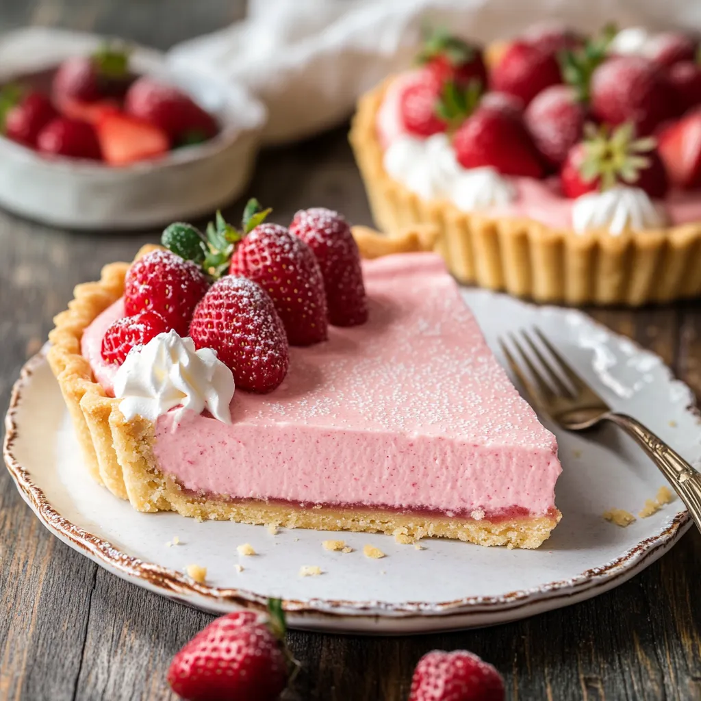 Une part de tarte à la mousse de fraise sur une assiette.