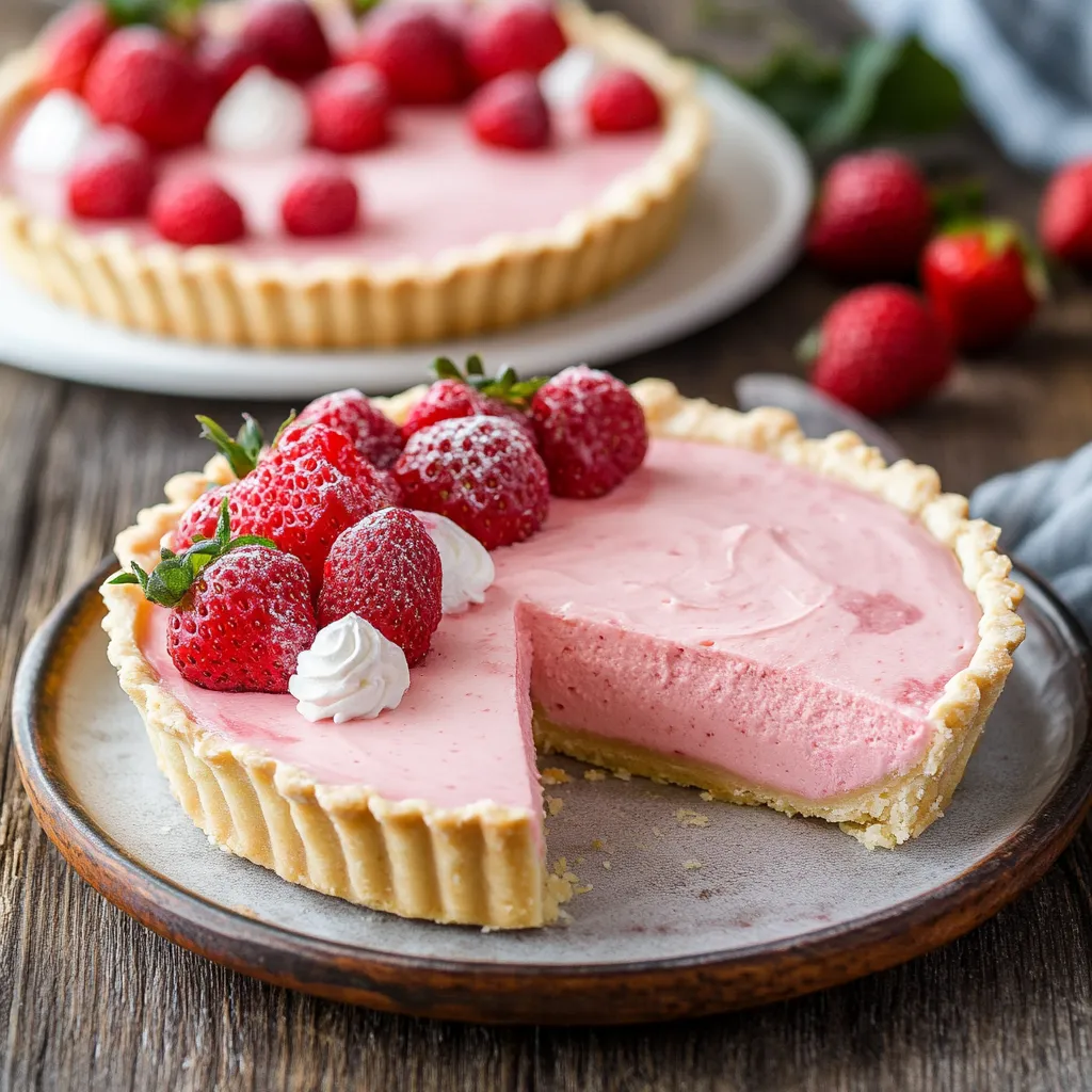 Une part de gâteau rose avec des fraises sur le dessus.