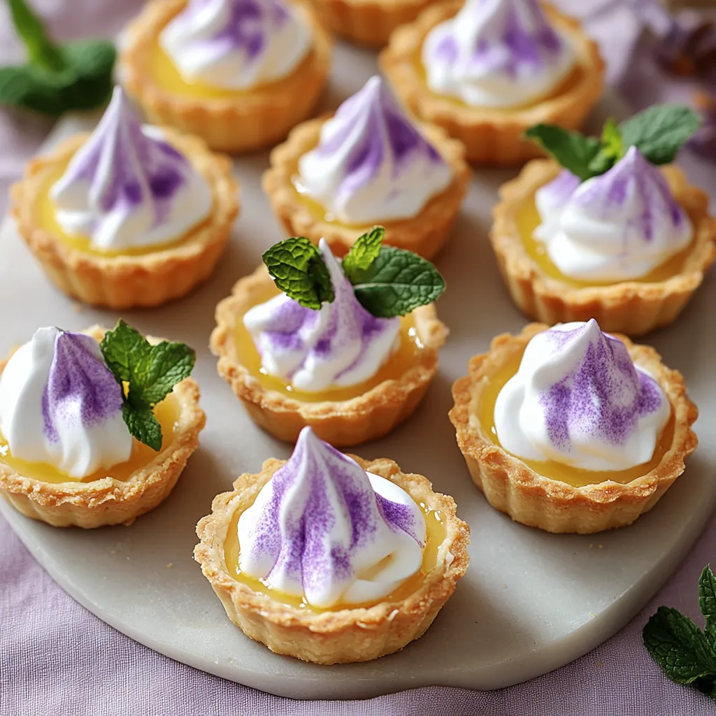 Une assiette de petits desserts avec garniture violette.