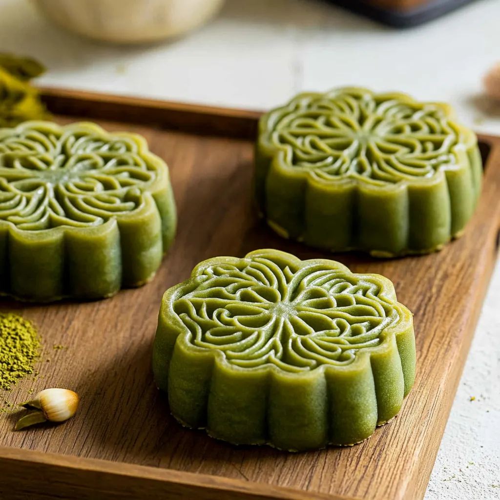 Trois gâteaux verts sur un plateau en bois.